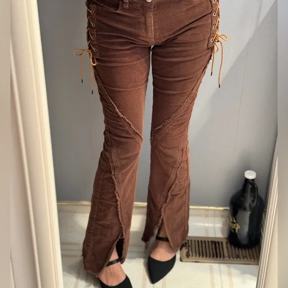 COTTON Forever 21 Chocolate Flare CORDUROY Pants with Lace-Up Sides - Picture 13 of 13